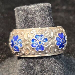 Blue Enamel Design Sterling Ring Sz 5
